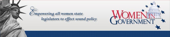 Women in Government logo with statue of liberty in the background and text that reads "Empowering all women state legislators to effect sound policy."