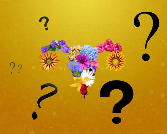 Bloomin' Uterus logo surrounded by question marks