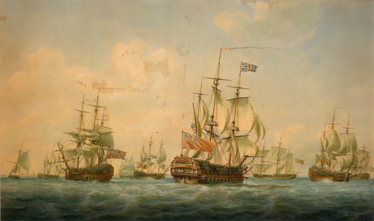 painting of skipper ships on the ocean with fluffy clouds in the background and full sails