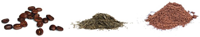 Coffee beans, green tea, chocolate powder