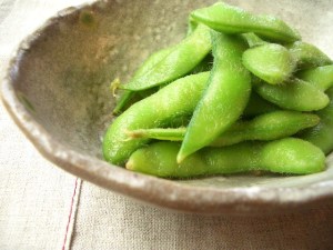 Bowl of soy beans in the pod