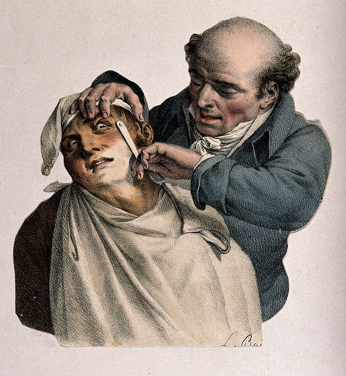 Vintage illustration of a man shaving another man's face with a straight razor