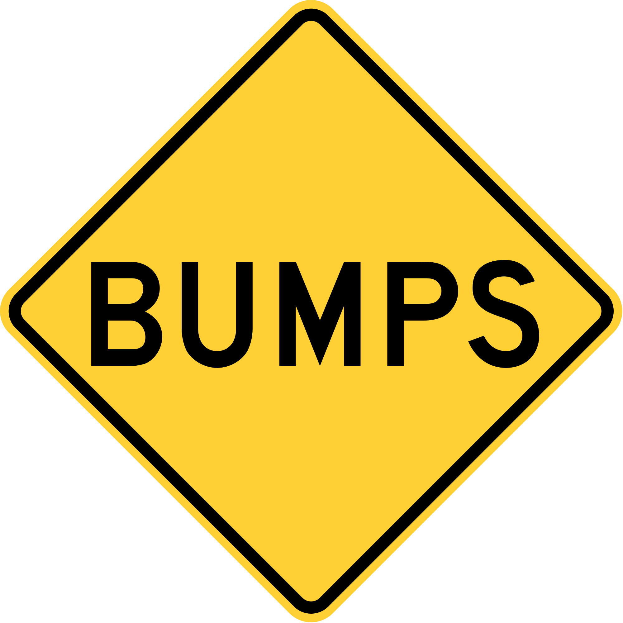 Yellow diamond roadsign that reads "bumps"