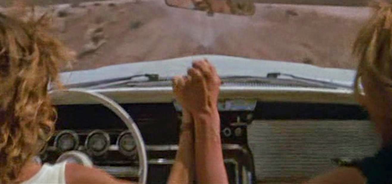 Still shot of Thelma and Louise holding hands as their car goes over a cliff