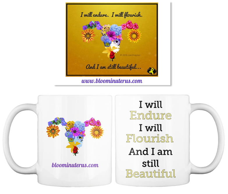 a mug and sticker with the bloomin' uterus logo