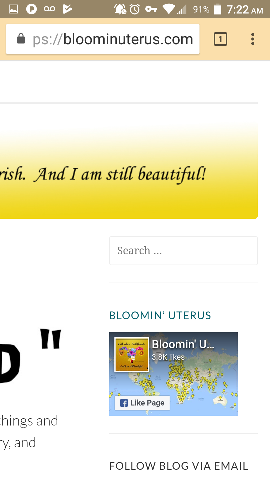 Screenshot of where the "Search" feature is located on bloominuterus.com mobile view