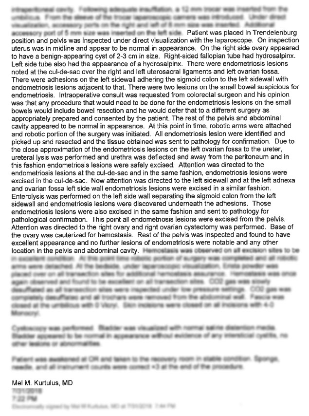 Portion of operative report (about 1 page worth of text)
