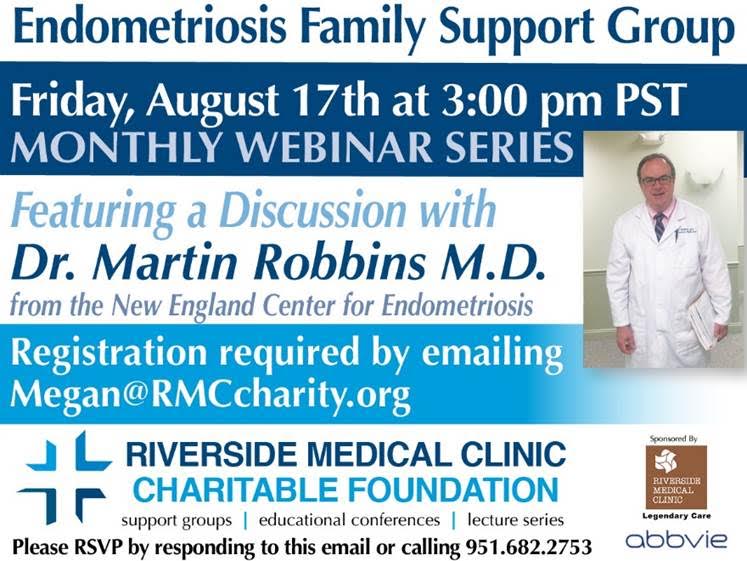 Flyer for Endometriosis Family Support Group August 17 2018 webinar with Dr. Martin Robbins