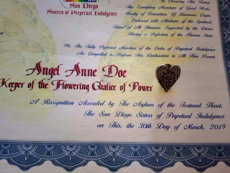 Certificate naming Angel Anne Doe, Keeper of the Flowering Chalice of Power