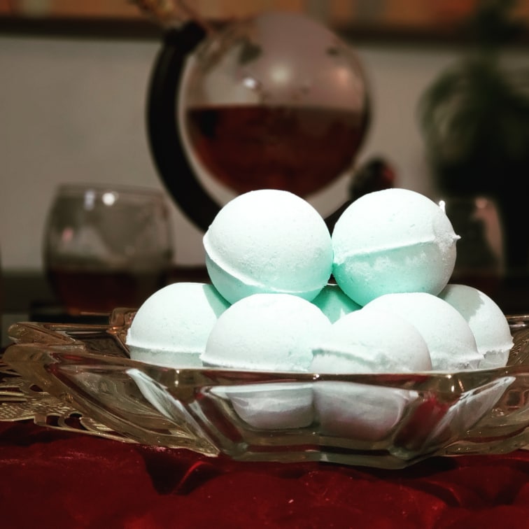Bowl of bath bombs by Special Flower Oil, Co,