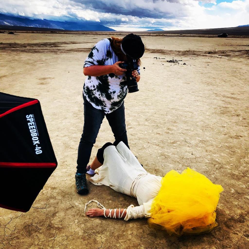 Behind the Scenes: Brandy Sebastian shooting "Endo Fog" of an anonymous EndoWarrior on location in Death Valley.  Photo taken by photographer's mum and incredible assistant, Penny Kachuck