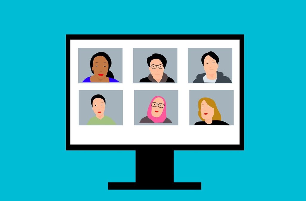Video conference image with six different men and women