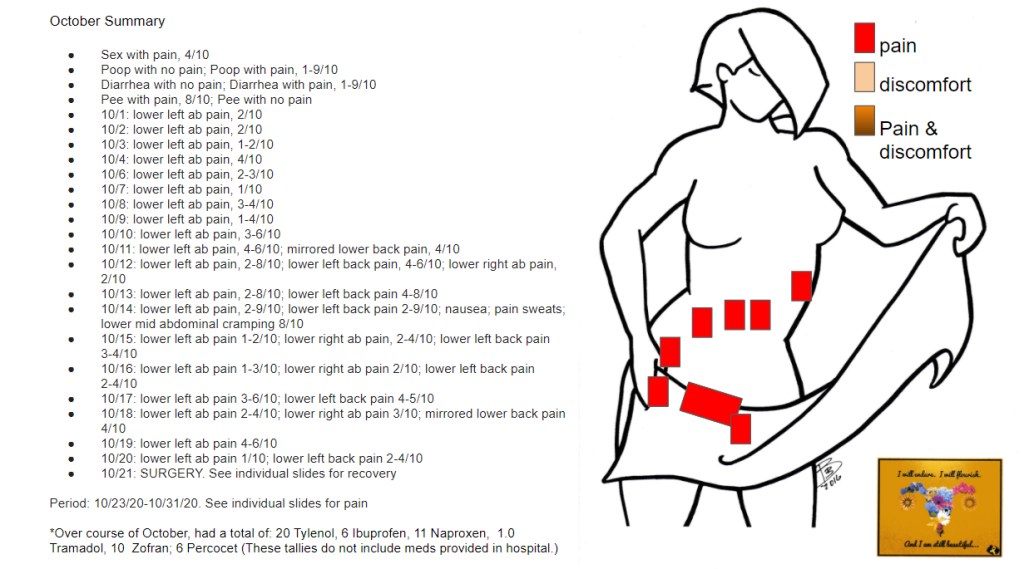 Summary of pain from Oct 2020; contains text and a graphic of a female body with red squares around abdomen