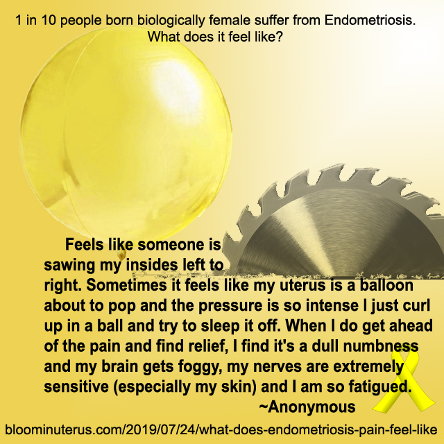 Feels like someone is sawing my insides left to right. Sometimes it feels like my uterus is a balloon about to pop and the pressure is so intense I just curl up in a ball and try to sleep it off.  When I do get ahead of the pain and find relief, I find it's a dull numbness and my brain gets foggy, my nerves are extremely sensitive (especially my skin) and I am so fatigued.