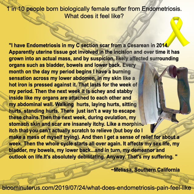 "
I have Endometriosis in my C section scar from a Cesarean in 2014. Apparently uterine tissue got involved in the incision and over time it has grown into an actual mass, and by suspicion, likely affected surrounding organs such as bladder, bowels and lower back. 
Every month on the day my period begins I have a burning sensation across my lower abdomen, in my skin like a hot iron is pressed against it. That lasts for the week of my period. Then the next week it is achey and stabby inside like my organs are attached to each other and my abdominal wall. Walking hurts, laying hurts, sitting hurts, standing hurts. There just isn't a way to escape these chains.
Then the next week, during ovulation, my stomach skin and scar are insanely itchy. Like a morphine itch that you can't actually scratch to relieve (but boy do I make a mess of myself trying 😏) 
And then I get a sense of relief for about a week.
Then the whole cycle starts all over again 🙄 

It affects my sex life, my bladder, my bowels, my lower back...and in turn, my demeanor and outlook on life.
It's absolutely debilitating. 

Anyway. That's my suffering. "