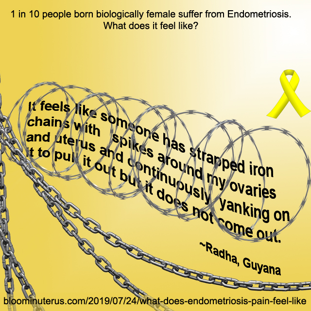 It feels like someone has strapped iron chains with spikes around my ovaries and uterus and continuously yanking on it to pull it out but it does not come out. 